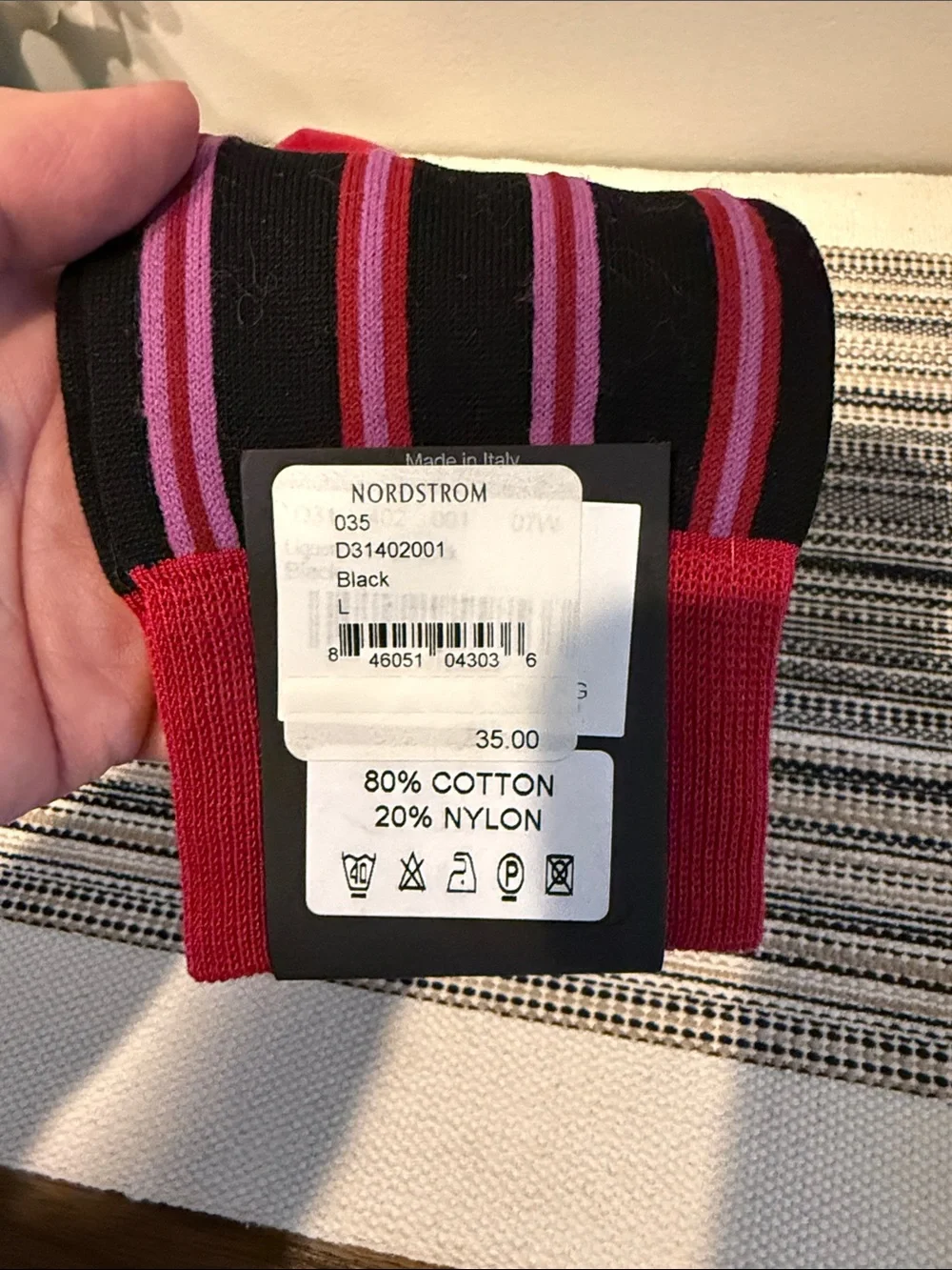 Duchamp Men's Black Dress Socks with‎ Red and Pink Stripes size Large NWT